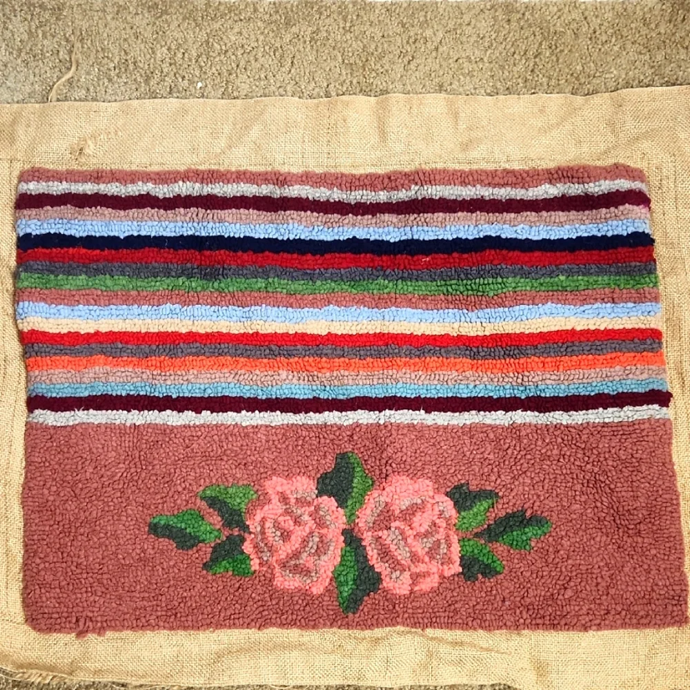 Colorful Striped and Floral Rug Antique Handmade Hooked Rug/pillow